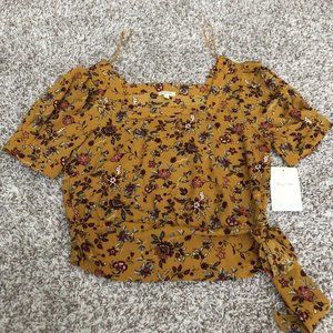 lily white square neck mustard yellow floral blouse top size small new tie Wasit
